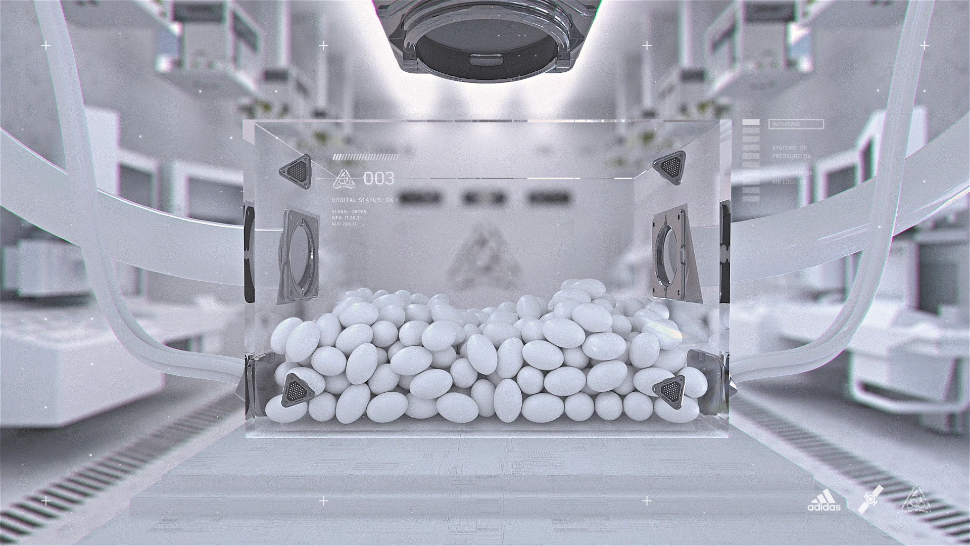 Transparent laboratory pod filled with white soft cellular forms