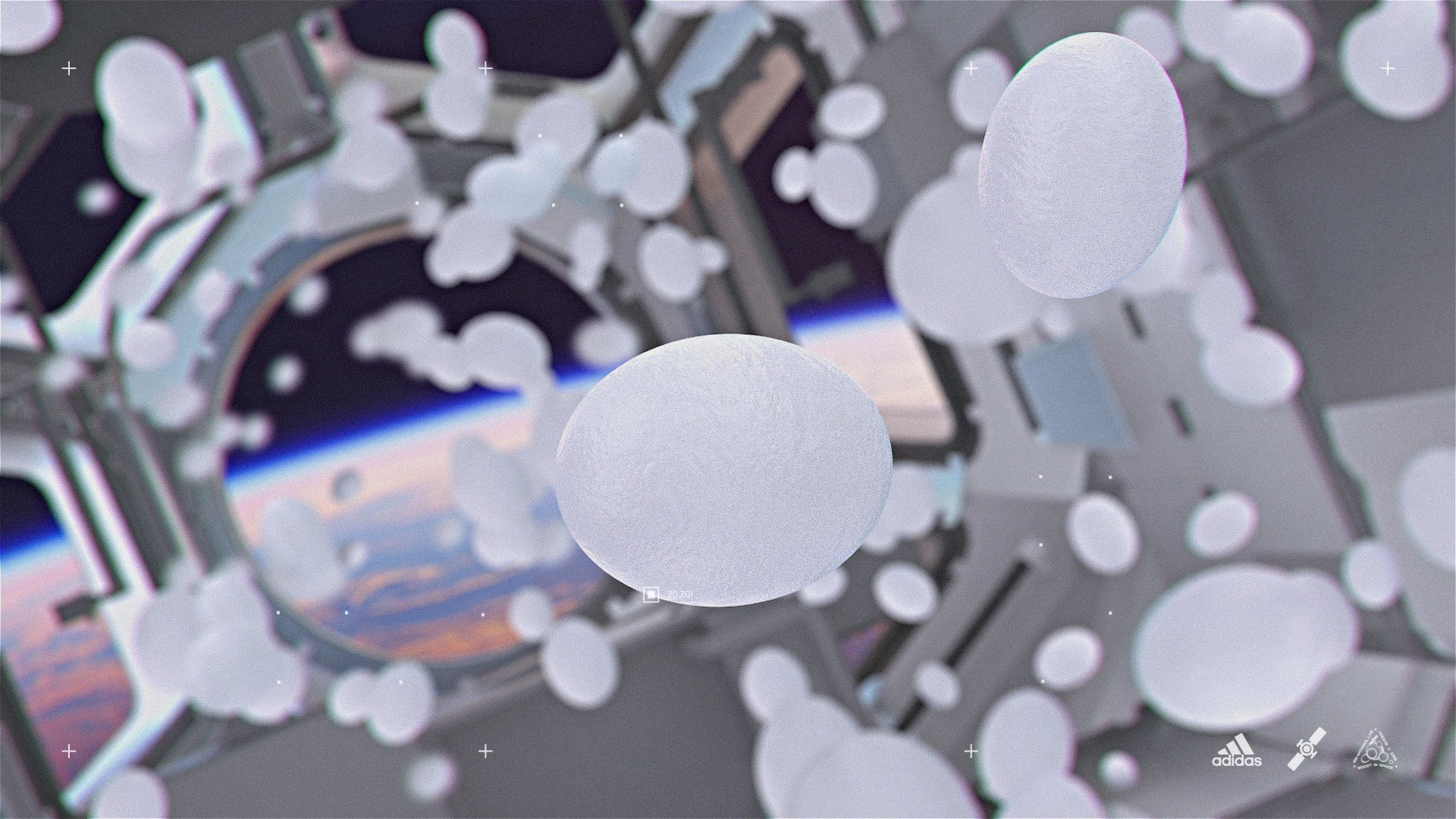 White cellular forms floating inside the orbital station