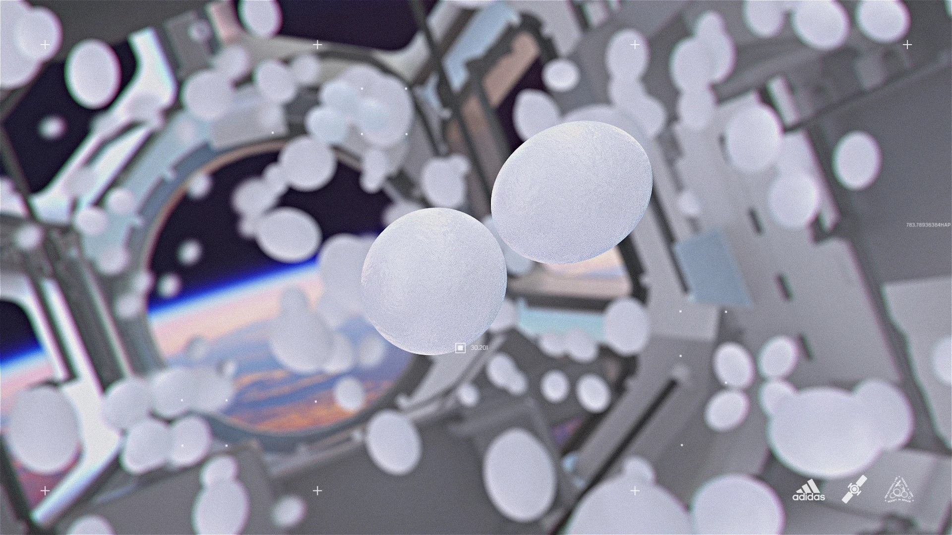 Blue and violet cellular forms floating through the space station