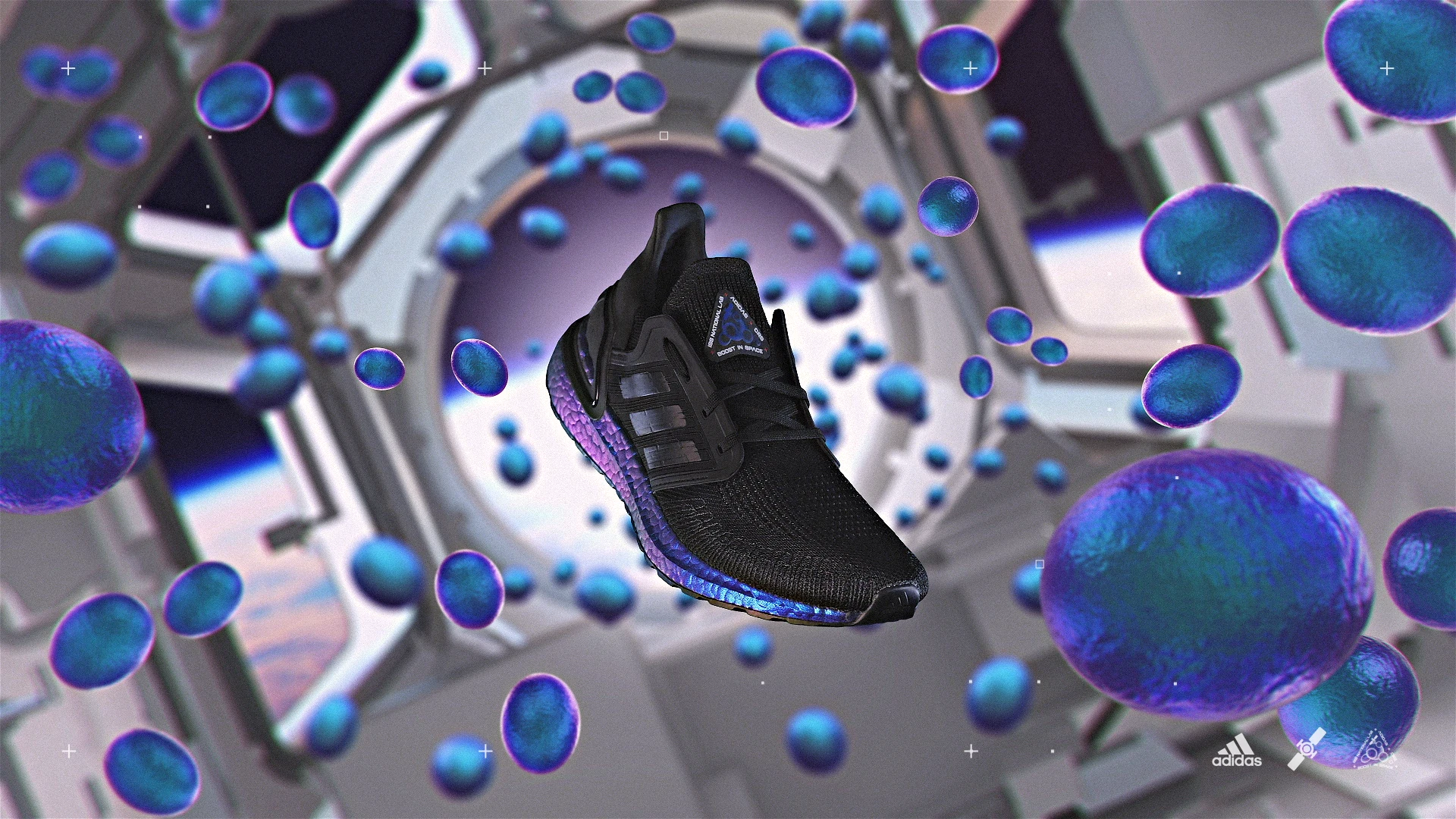 Black Adidas Ultraboost 20 floating inside a space station among blue and violet spheres