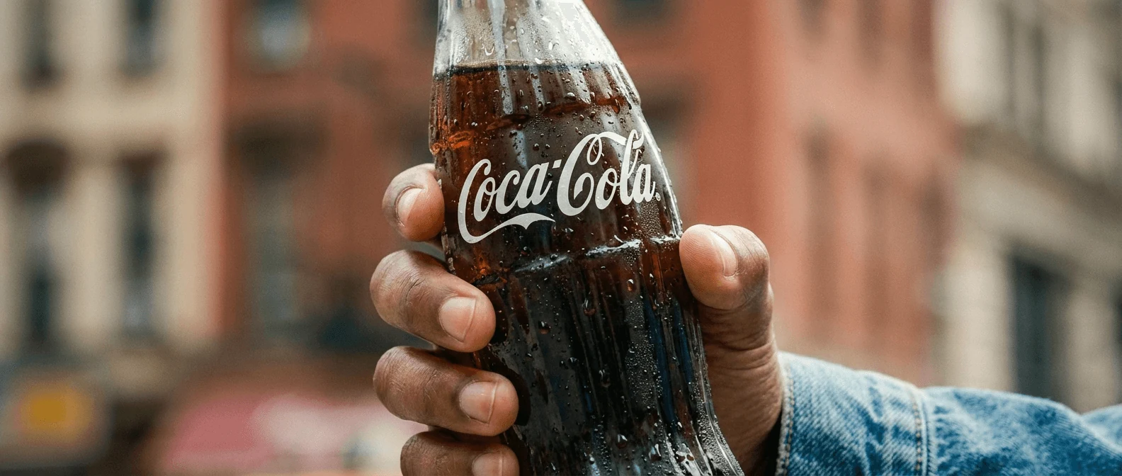 Coca-Cola previsualization frame showing a bottle held toward camera