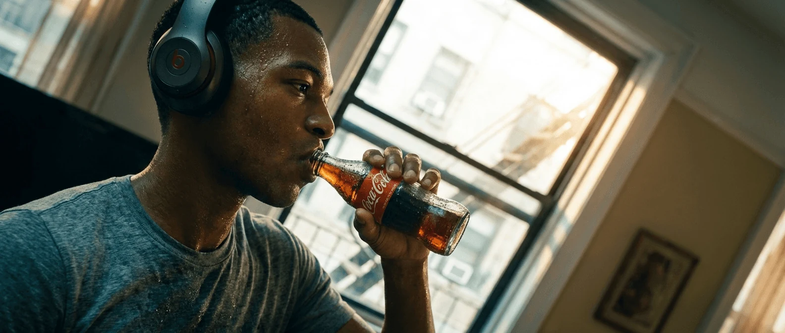 Coca-Cola previsualization frame showing a man drinking indoors