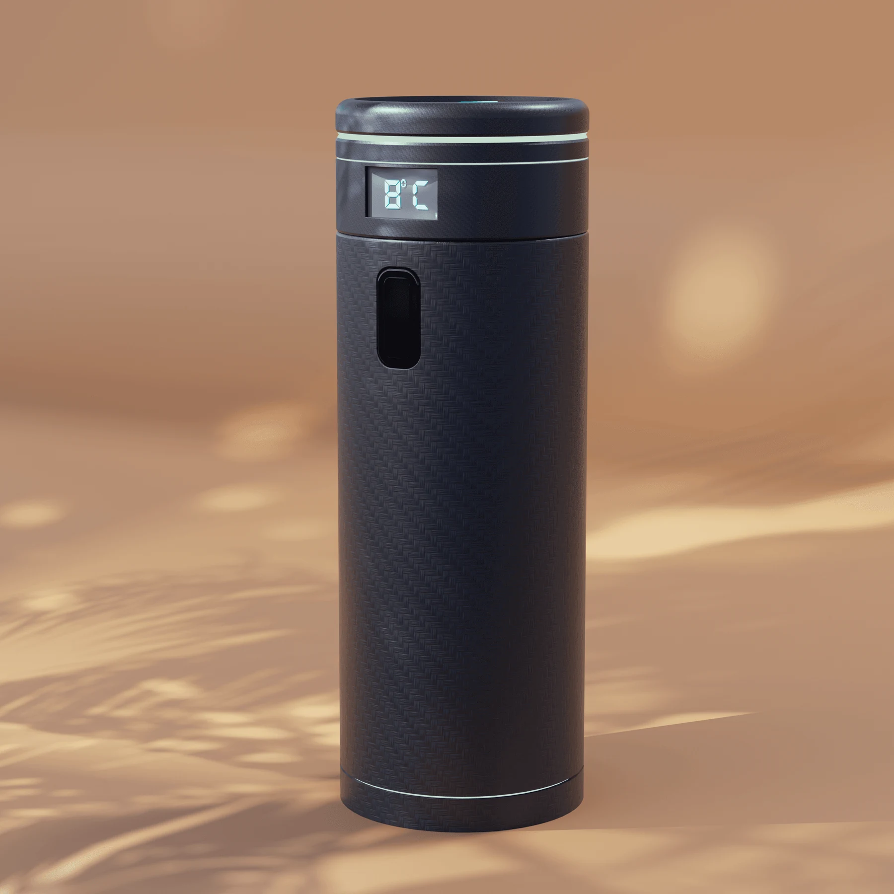 Deep navy Thermos smart bottle in a warm environment