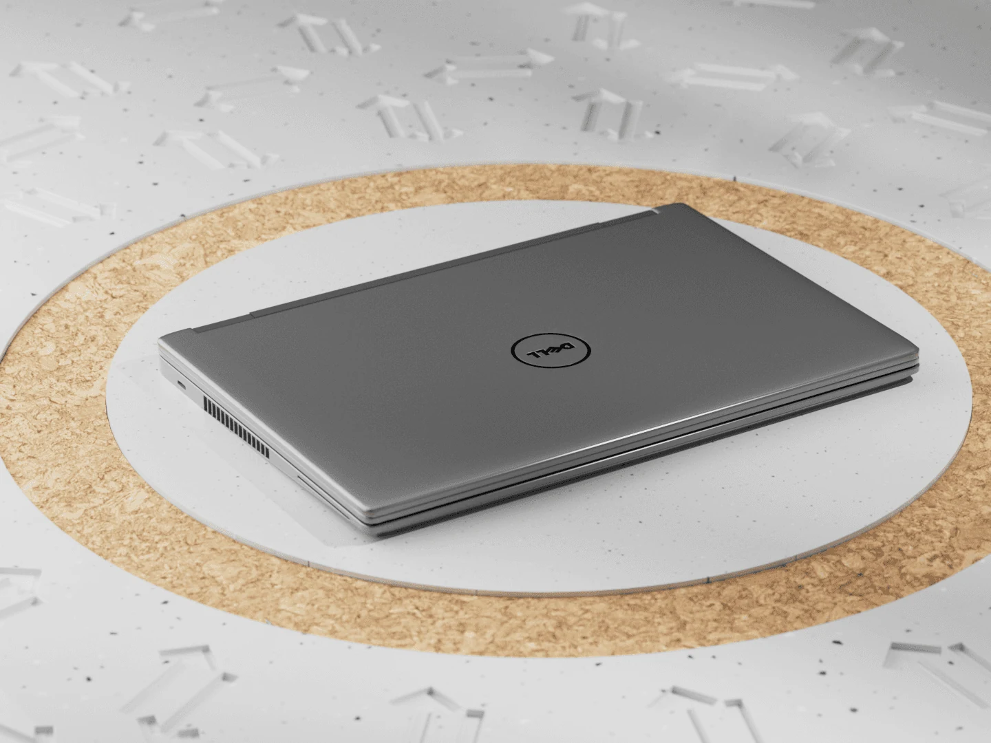 Dell laptop and hub visualized on a circular material platform