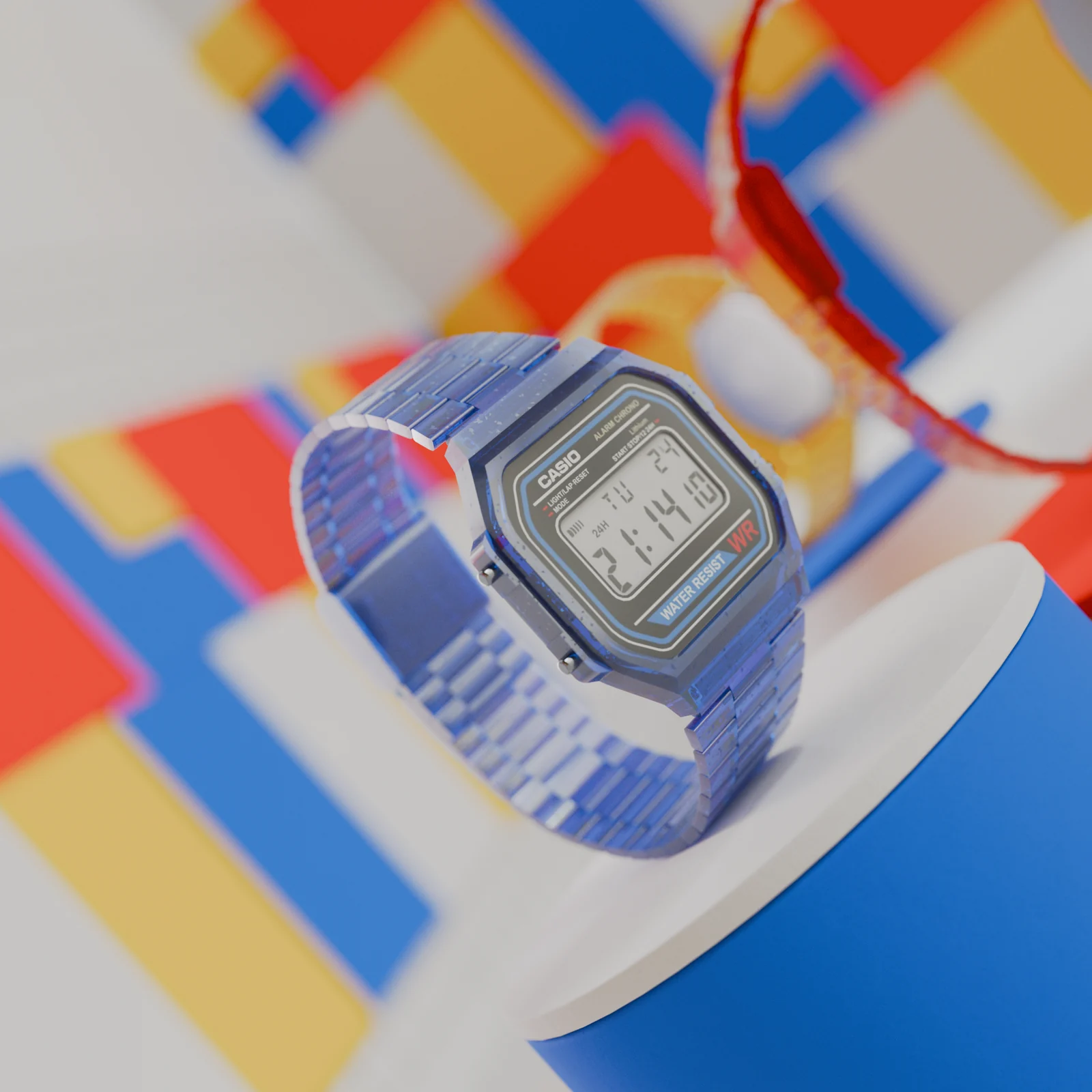 Blue translucent CASIO A168 suspended above geometric forms