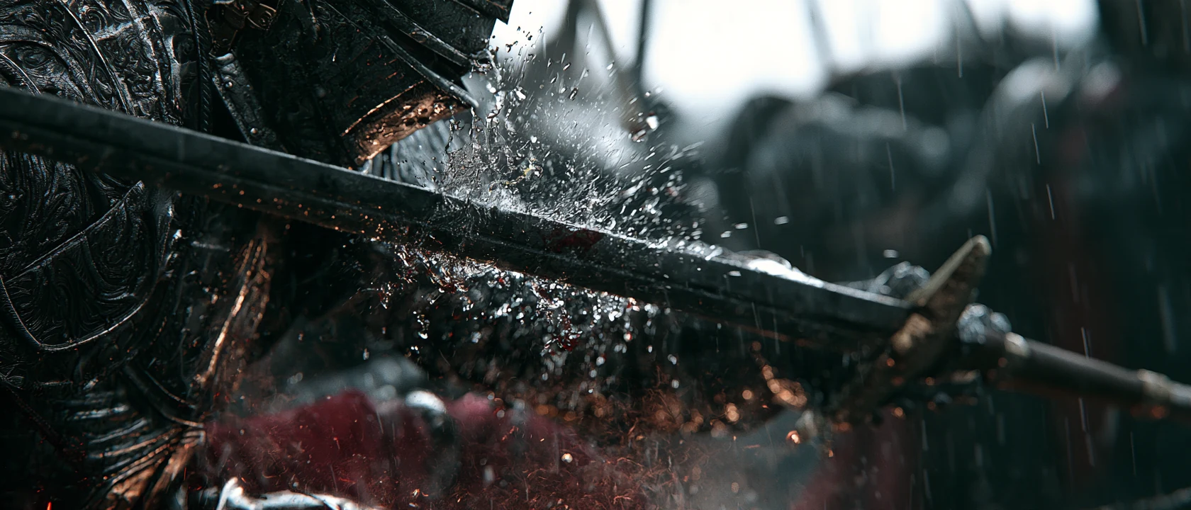 Close action frame of crossed swords and armor in the rain