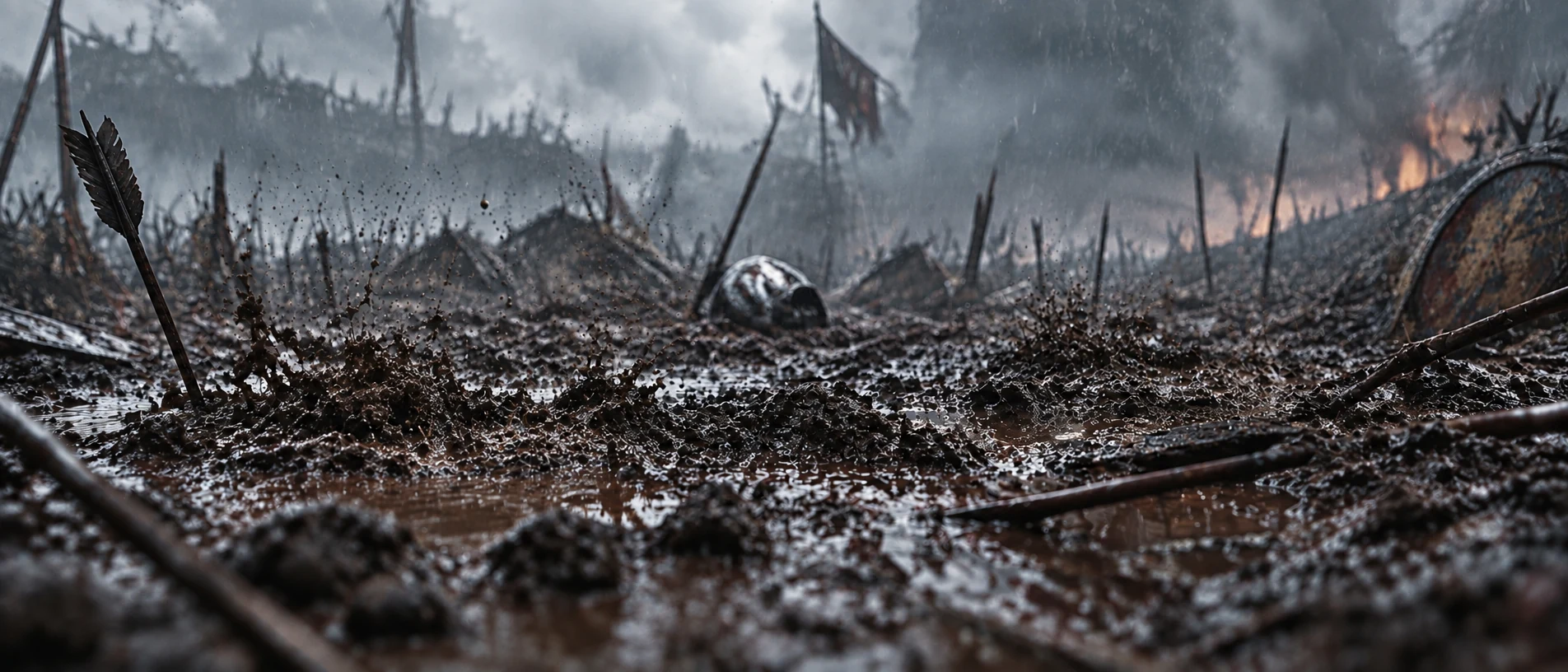 Low view across a flooded battlefield scattered with arrows, shields and a fallen helmet