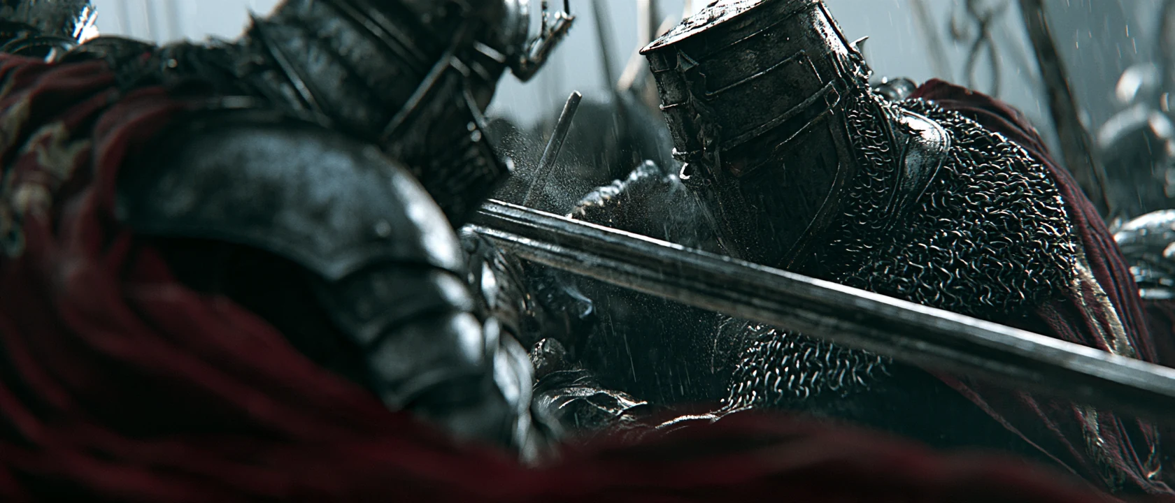 Close view of the armored figure framed by a horizontal sword