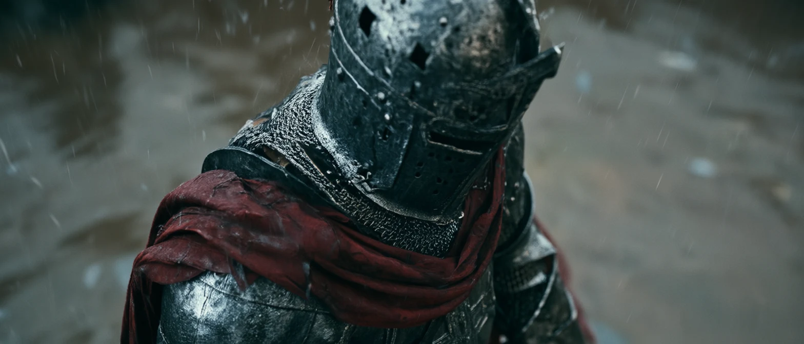 Close angled portrait of the weathered Hellmarch helmet