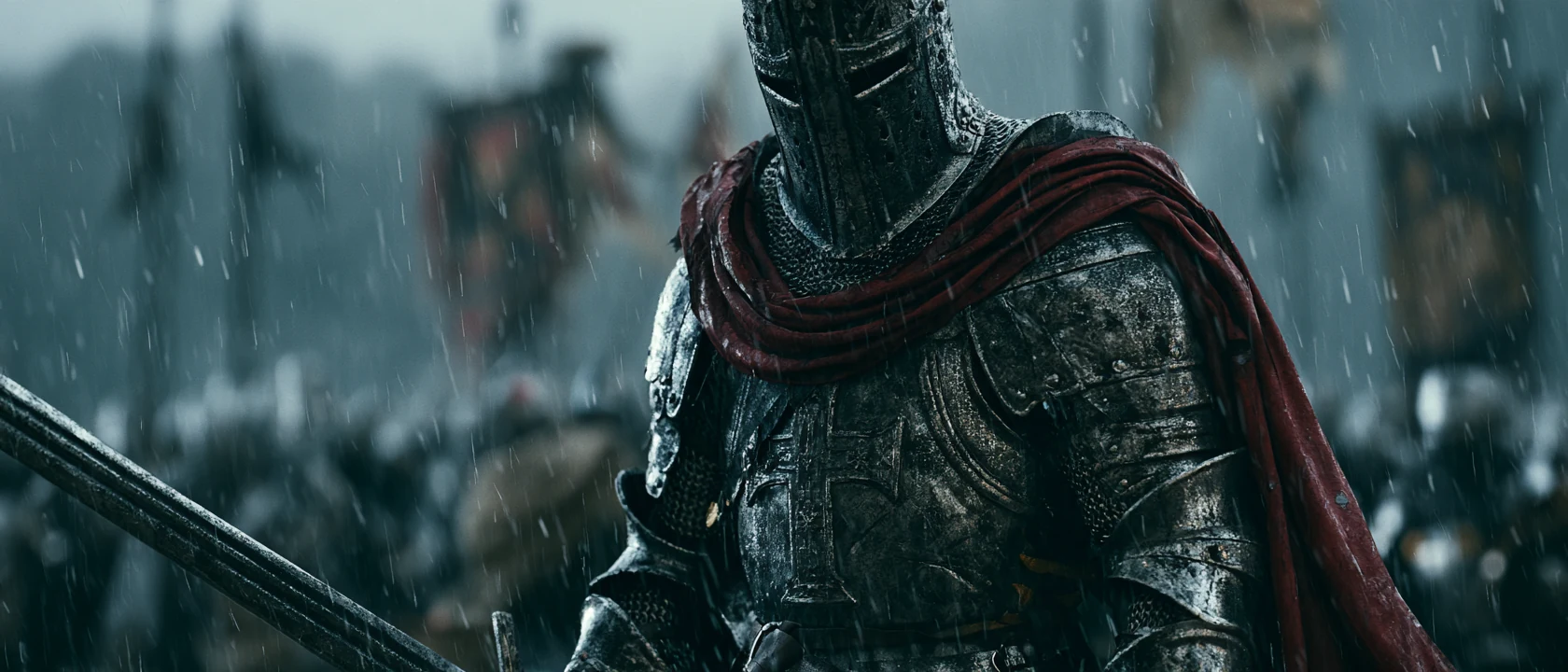 Armored Hellmarch figure with crimson mantle and sword