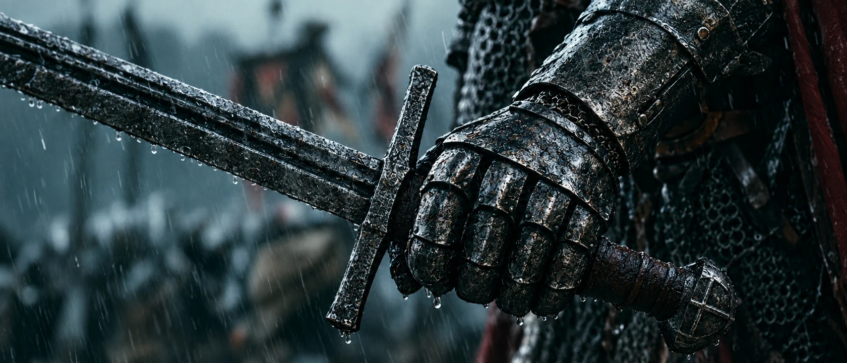Armored hand gripping the hilt of a sword