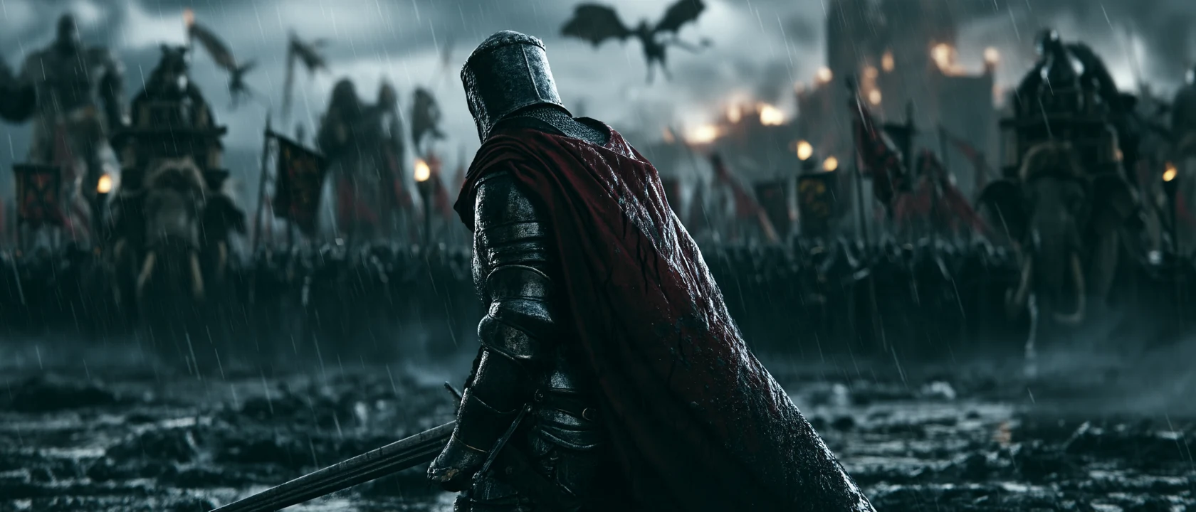 Armored Hellmarch figure facing a dense line of soldiers in heavy rain