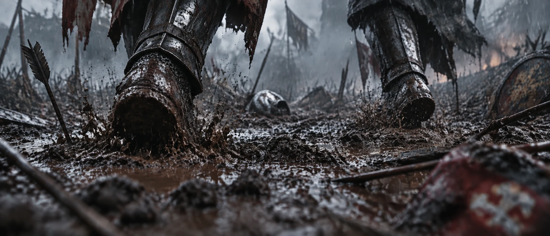 Armored boots crossing wet battlefield ground in the rain