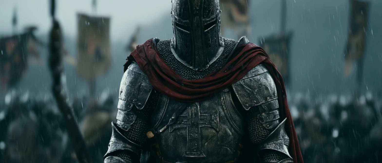 Frontal portrait of the armored Hellmarch figure in the rain