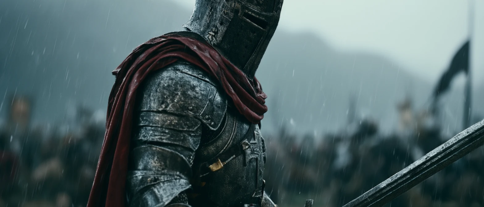 Side portrait of the armored Hellmarch figure with crimson mantle