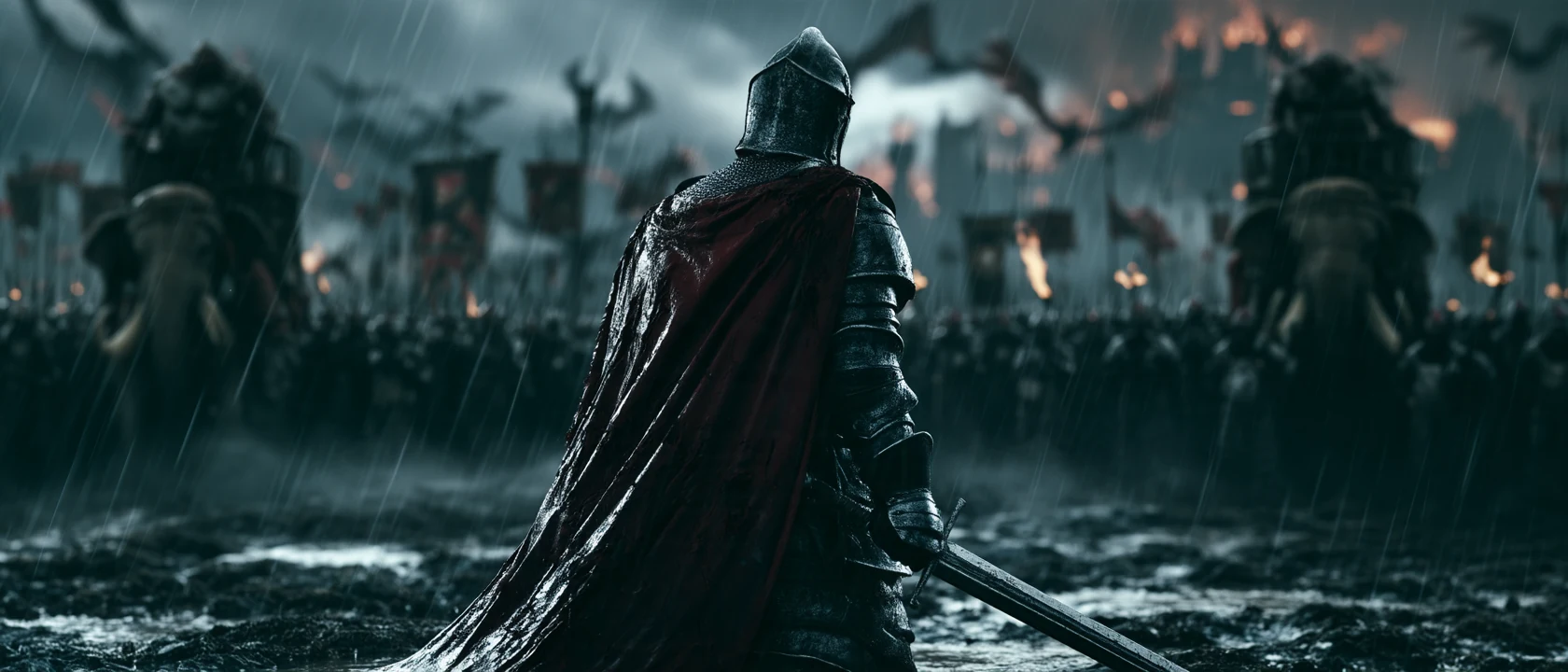 Rear view of the armored Hellmarch figure facing a rain-soaked battlefield