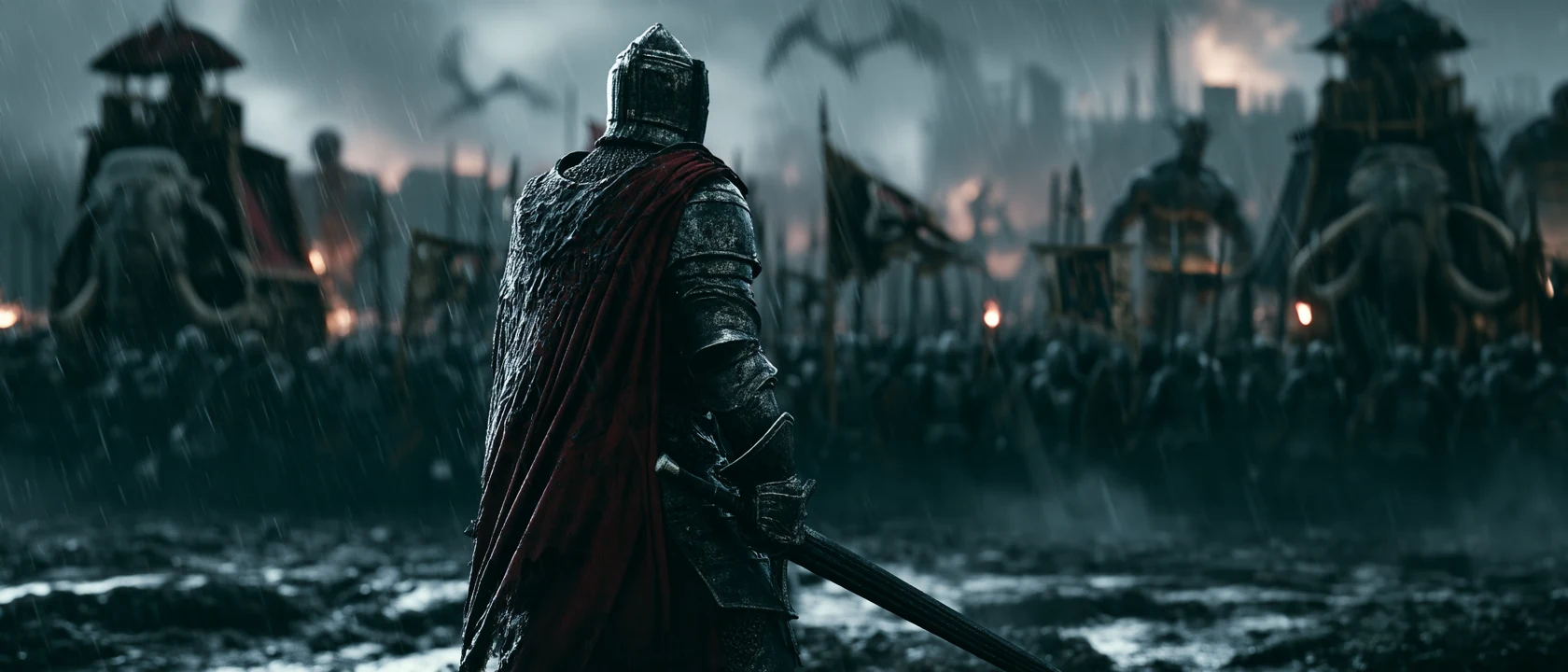 Armored Hellmarch figure facing soldiers and burning structures in heavy rain