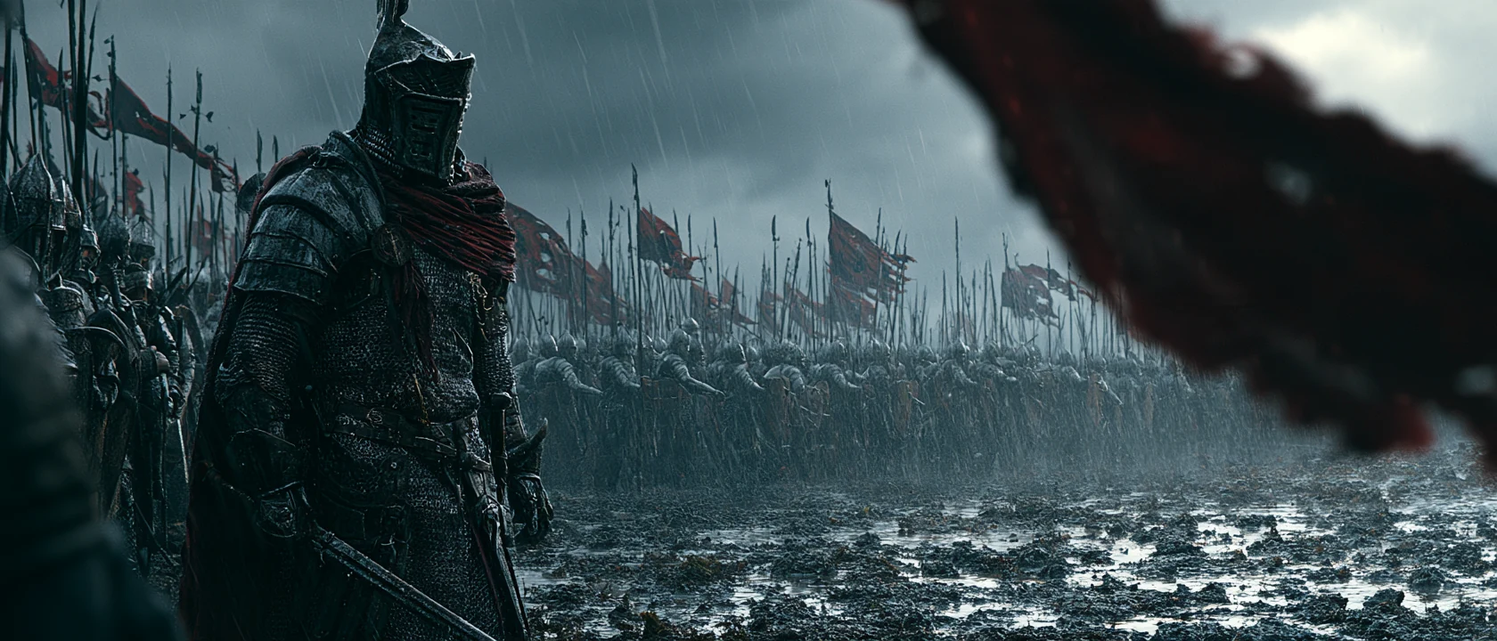 Side view of the armored Hellmarch figure standing before a distant formation