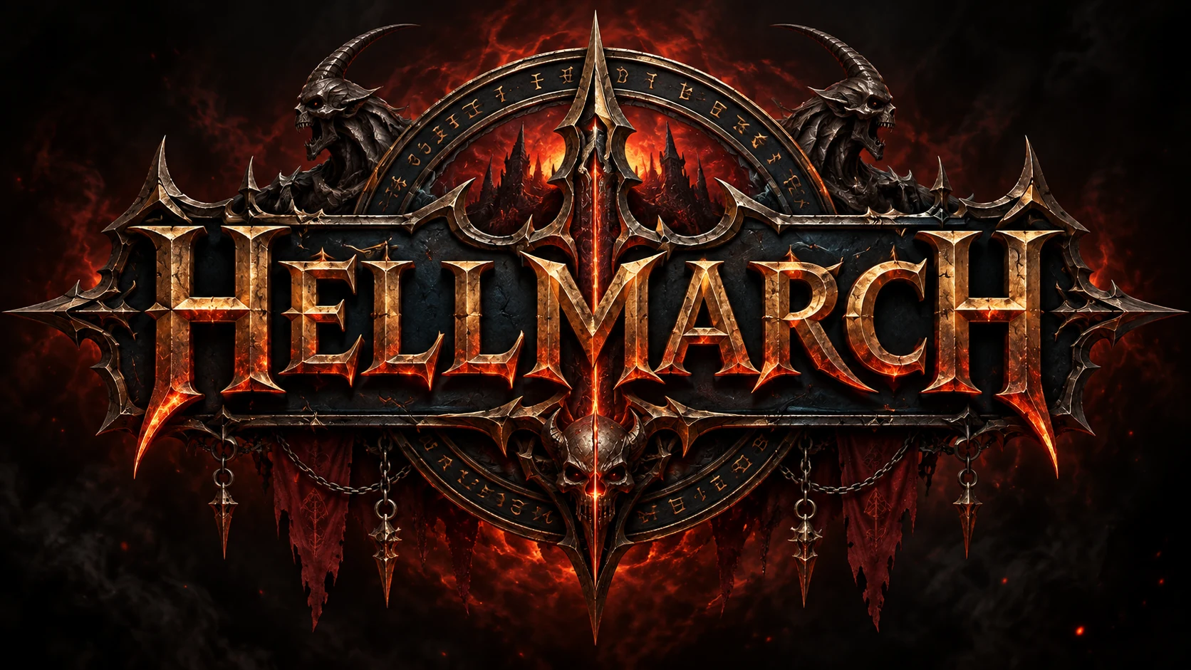 Hellmarch title emblem formed from dark metal, red light and fire