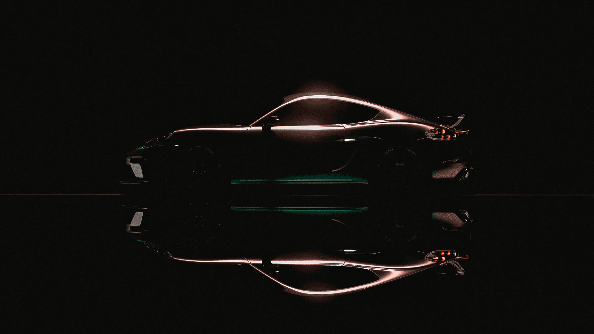 Dark side silhouette of the Porsche GT4 defined by thin edge highlights
