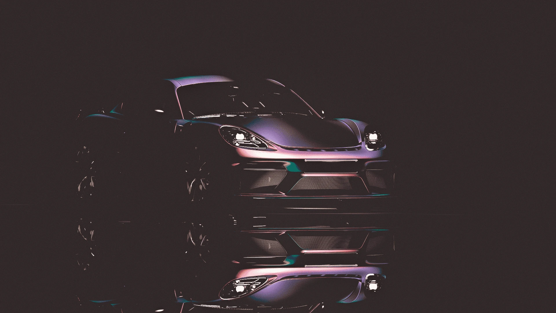 Mirrored front view of the Porsche GT4 in a dark reflective studio