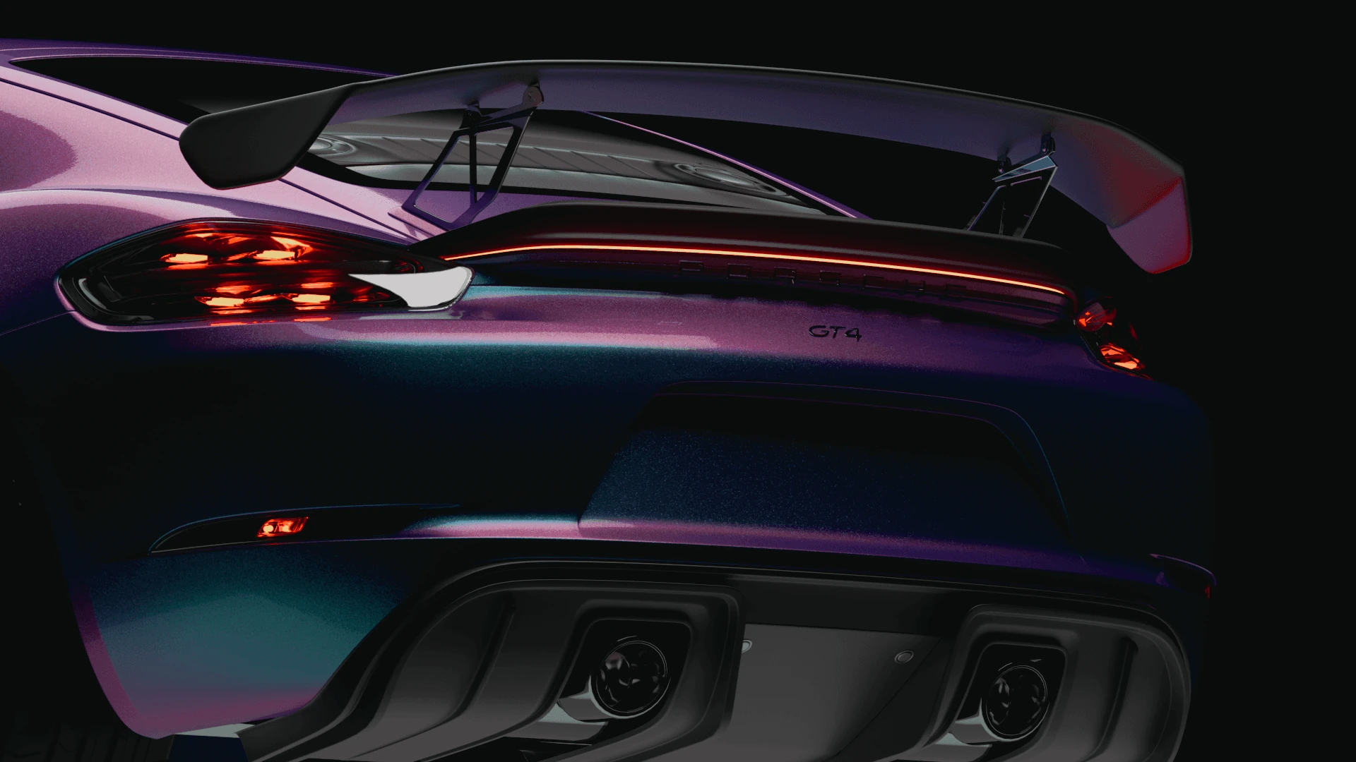 Close rear detail showing the GT4 wing, tail lamps and iridescent body reflections