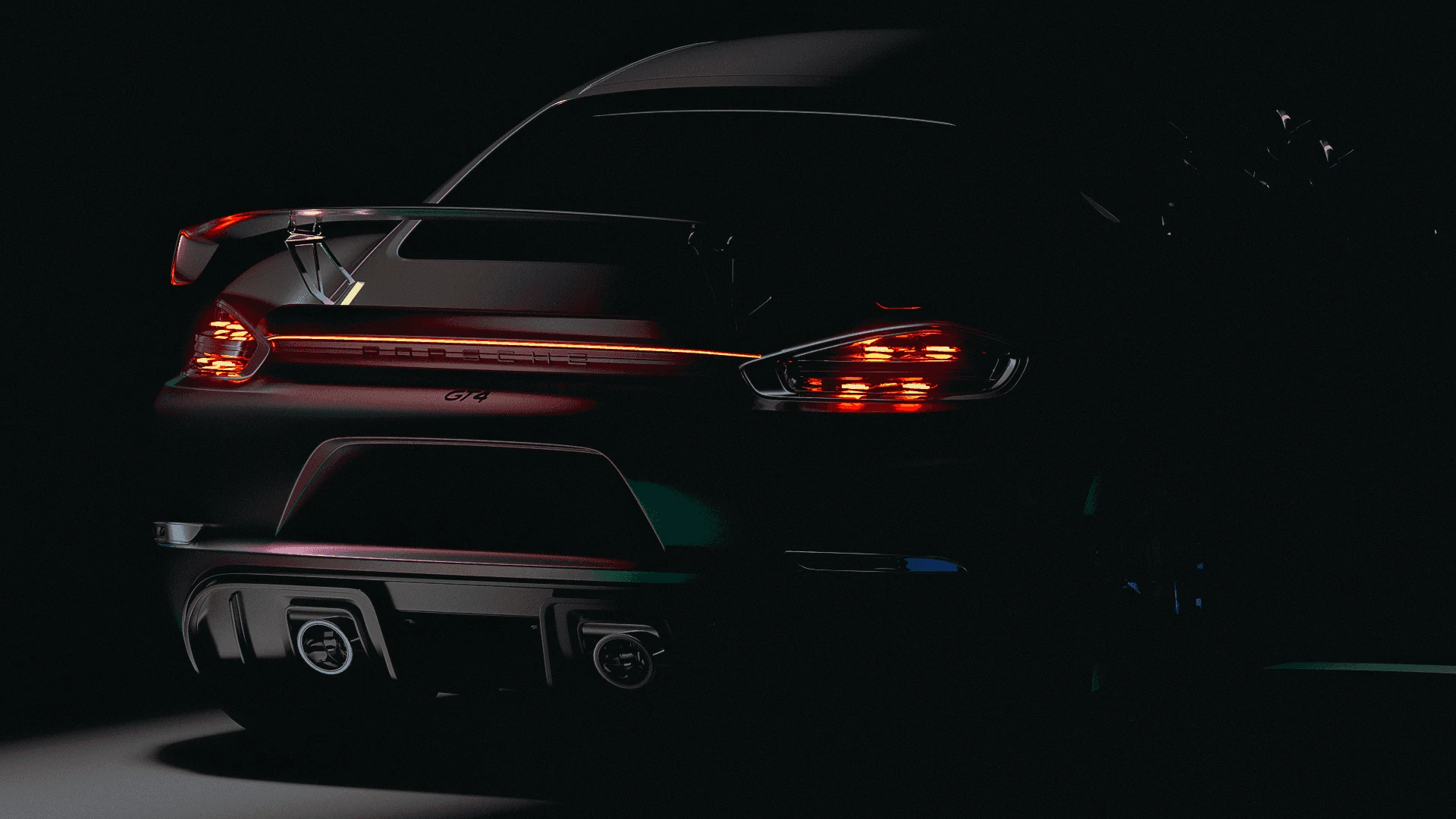 Rear view of the Porsche GT4 emerging from a black studio