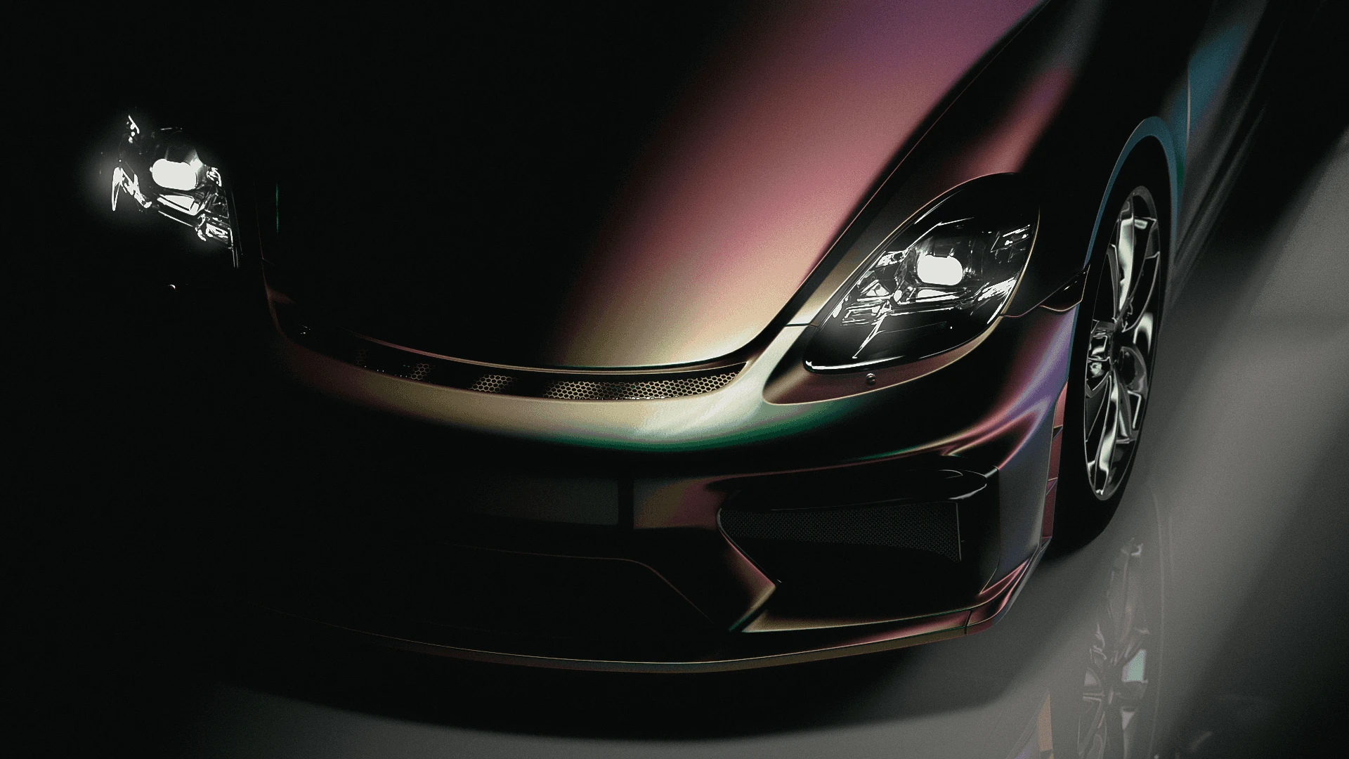 Front three-quarter view of the Porsche GT4 with restrained green and magenta reflections