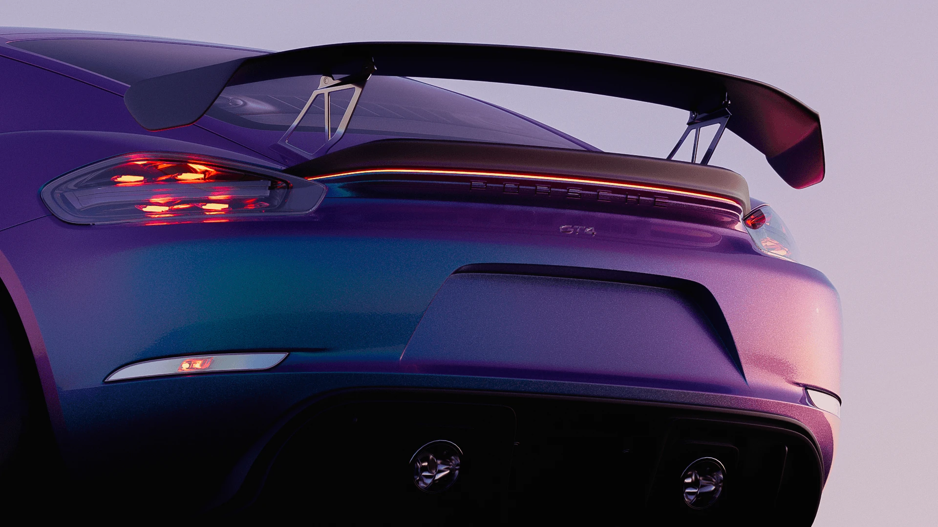 Porsche GT4 rear three-quarter render illuminated with violet, cyan and red light