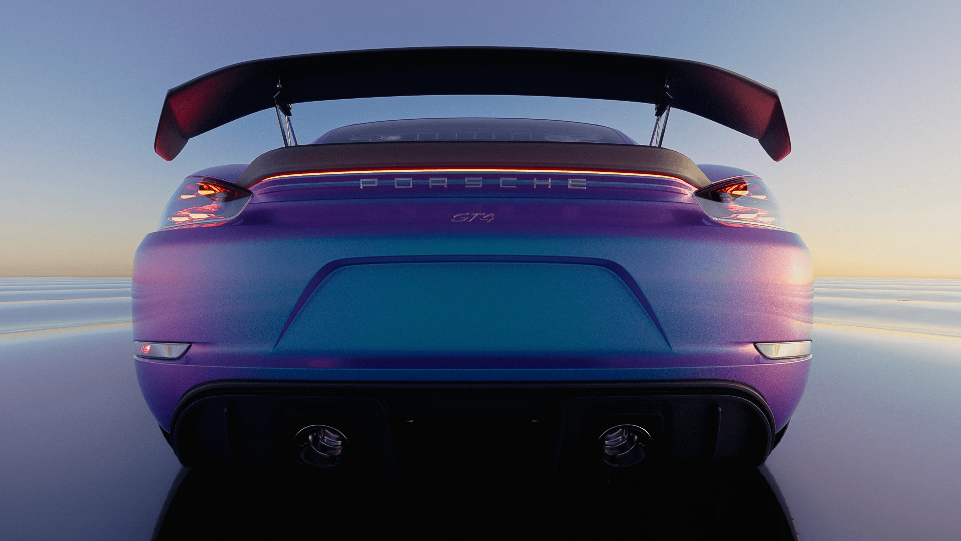 Centered rear render of the Porsche GT4 against a pale horizon