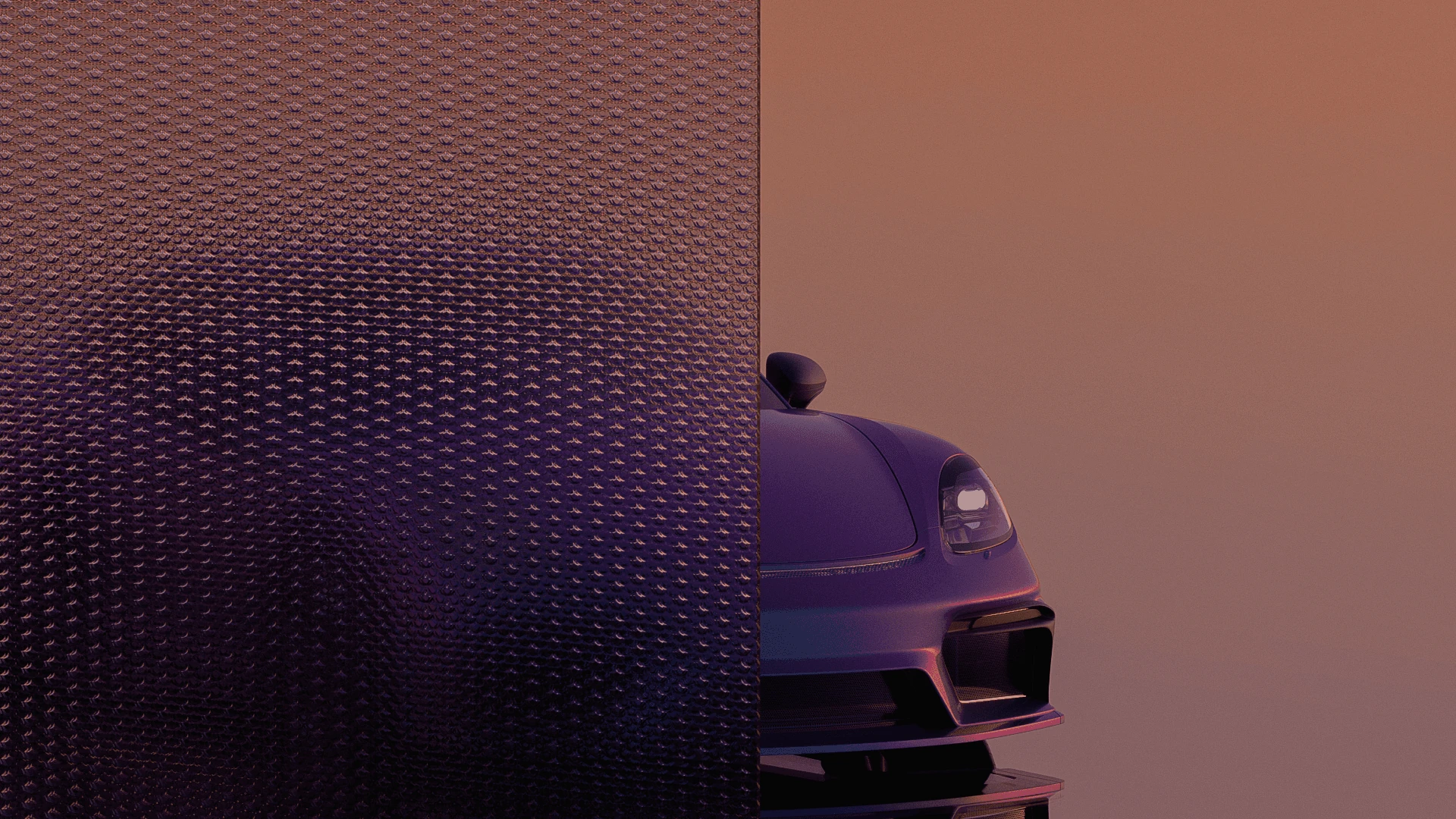 Minimal composition of a perforated color panel beside the partially revealed Porsche GT4