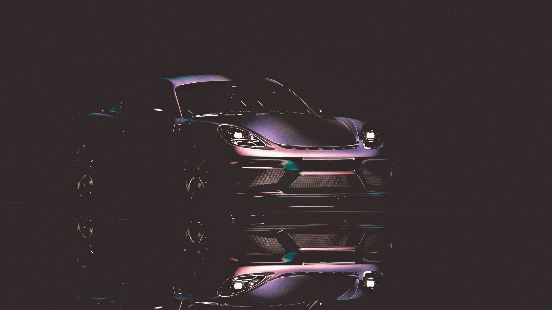 Layered mirrored Porsche GT4 reflections against a muted violet studio background