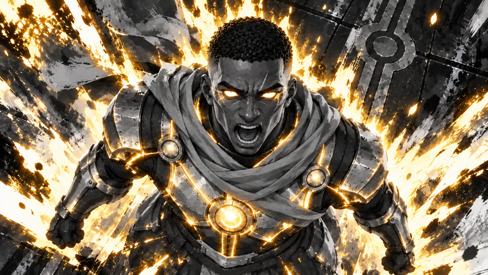 Monochrome armor study surrounded by golden energy