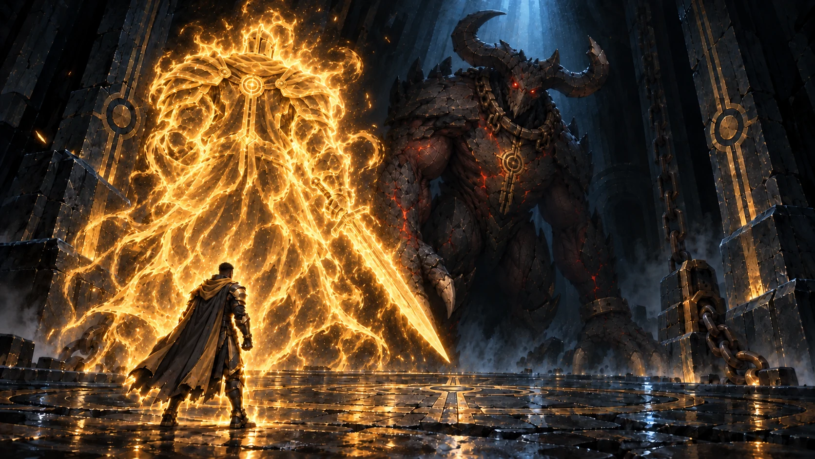 Golden aura taking a creature-like form behind the Paladino protagonist