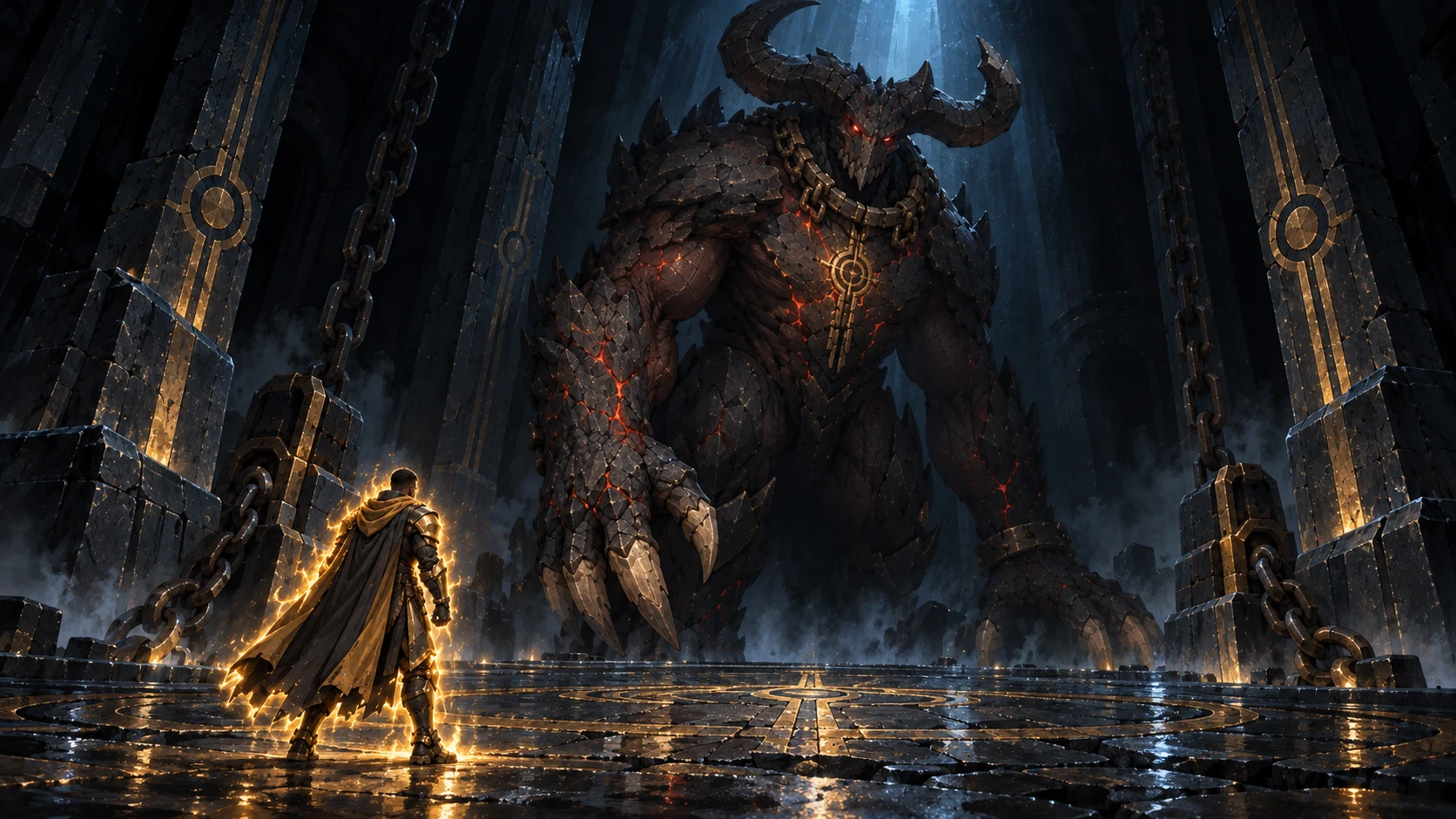 Paladino facing a giant creature inside the cathedral