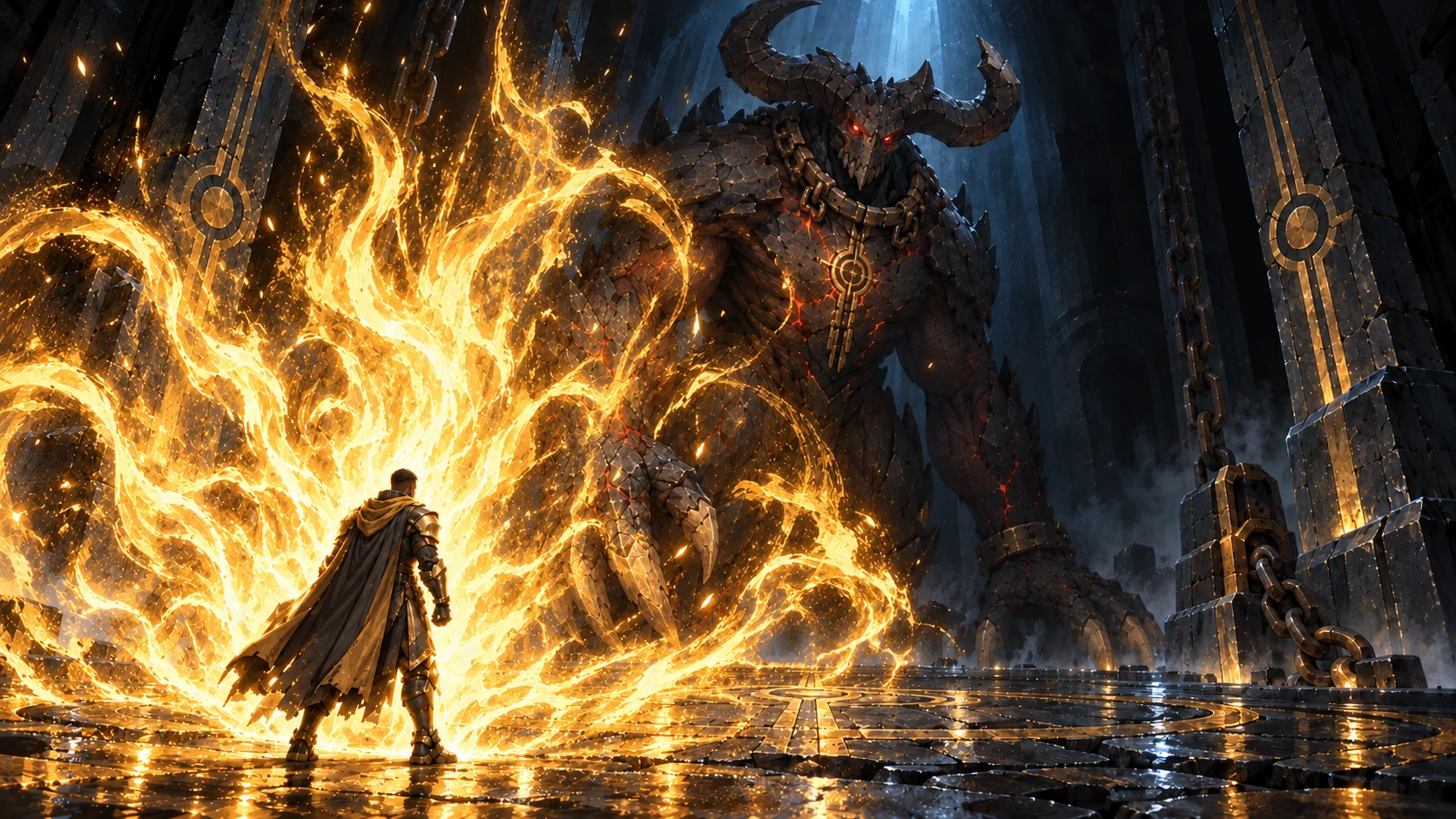 Paladino and creature framed by a golden energy field