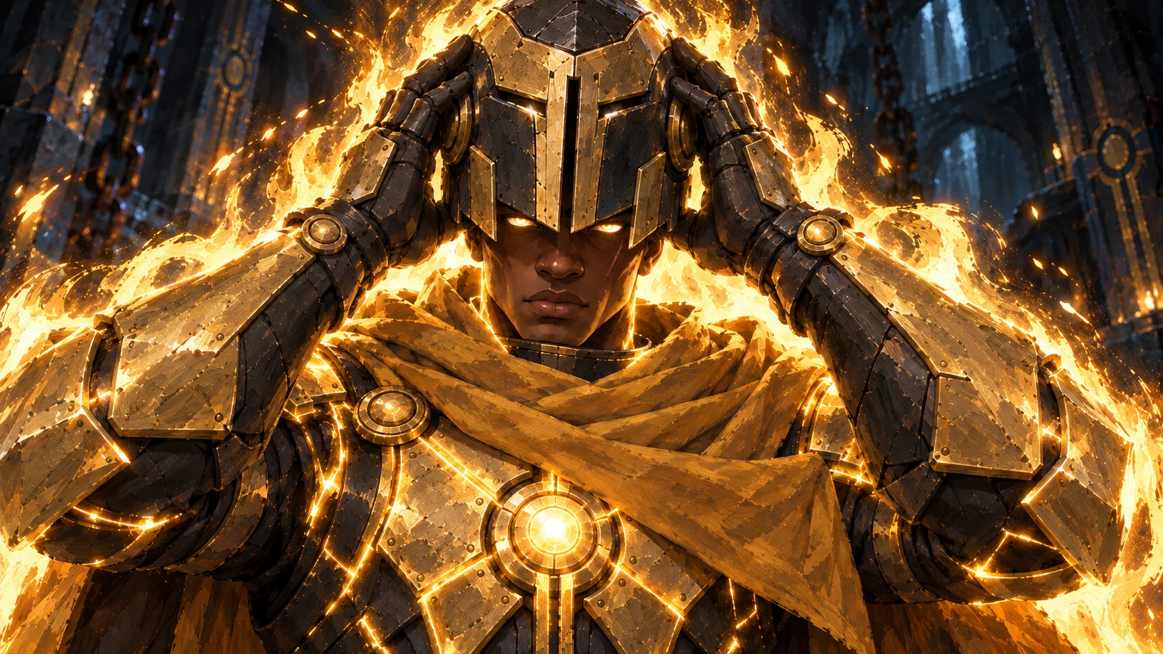 Paladino helmet forming inside the golden aura