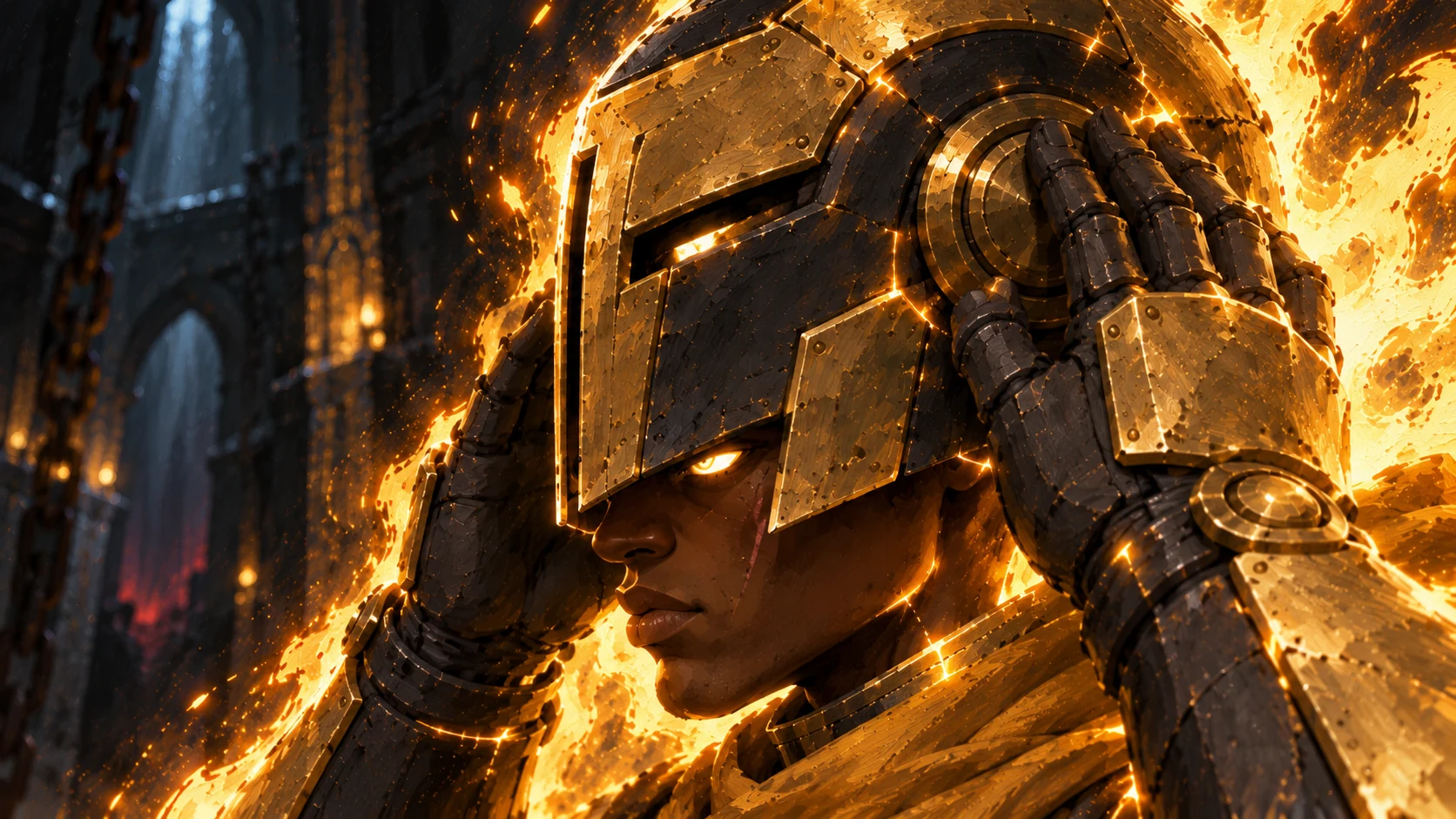Profile view of the Paladino helmet surrounded by golden energy