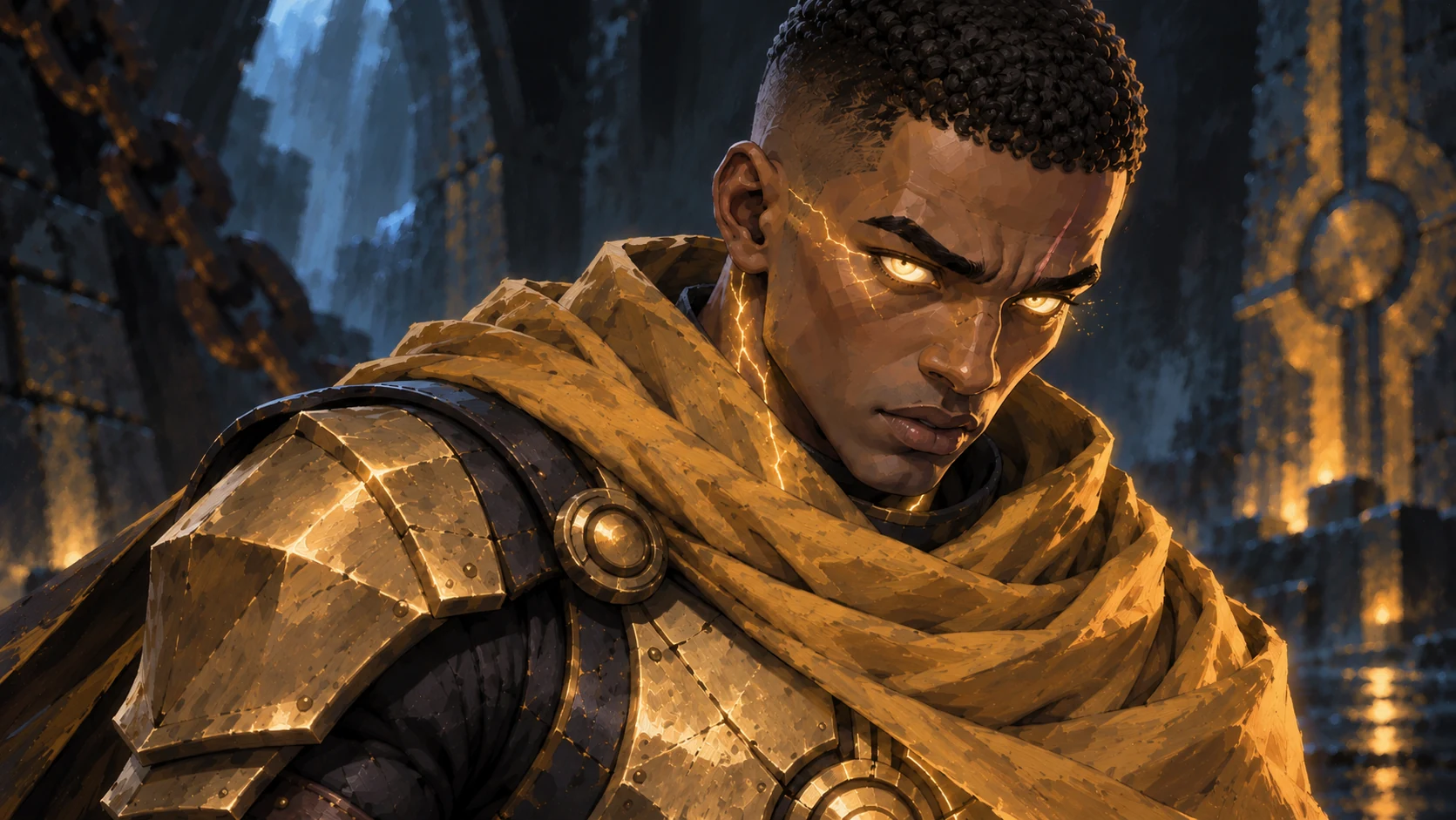 Portrait of the Paladino protagonist in gold armor