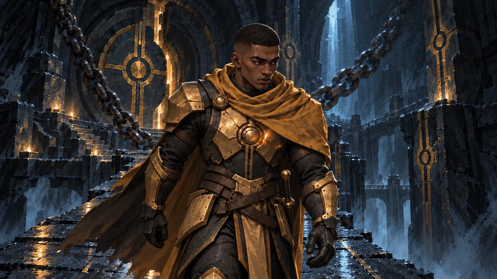 Full-body Paladino protagonist in the cathedral environment
