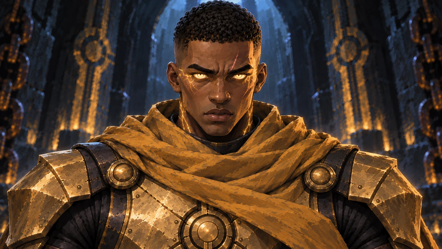 Paladino portrait inside the dark cathedral