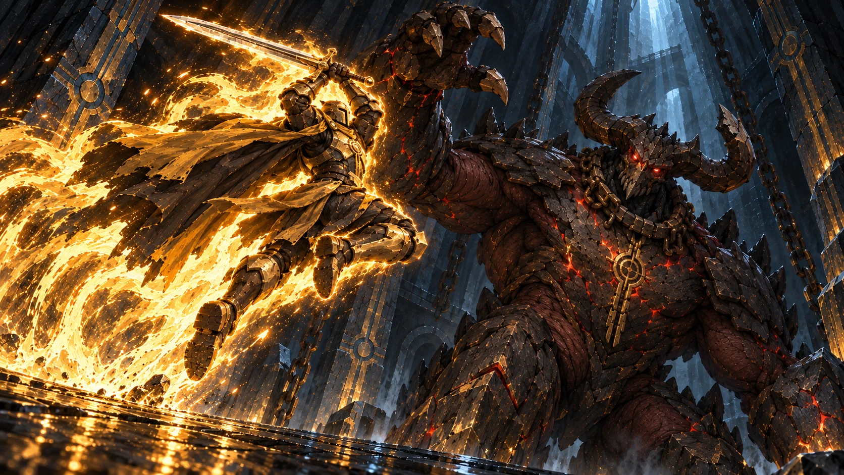 Creature-shaped golden strike inside the cathedral