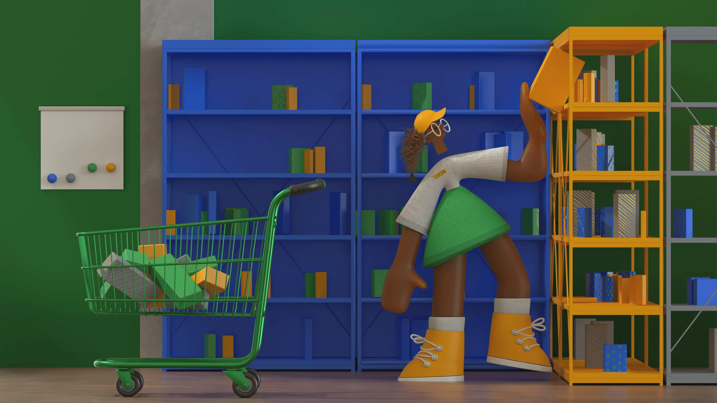 Colorful stylized animation of a shopper moving an orange ladder through a supermarket aisle