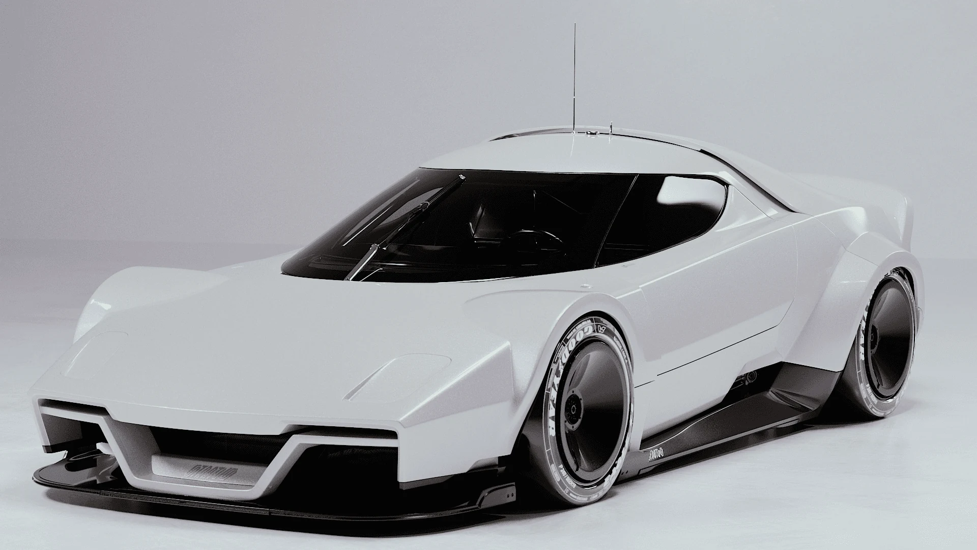 White concept sports car rendered in a clean studio environment