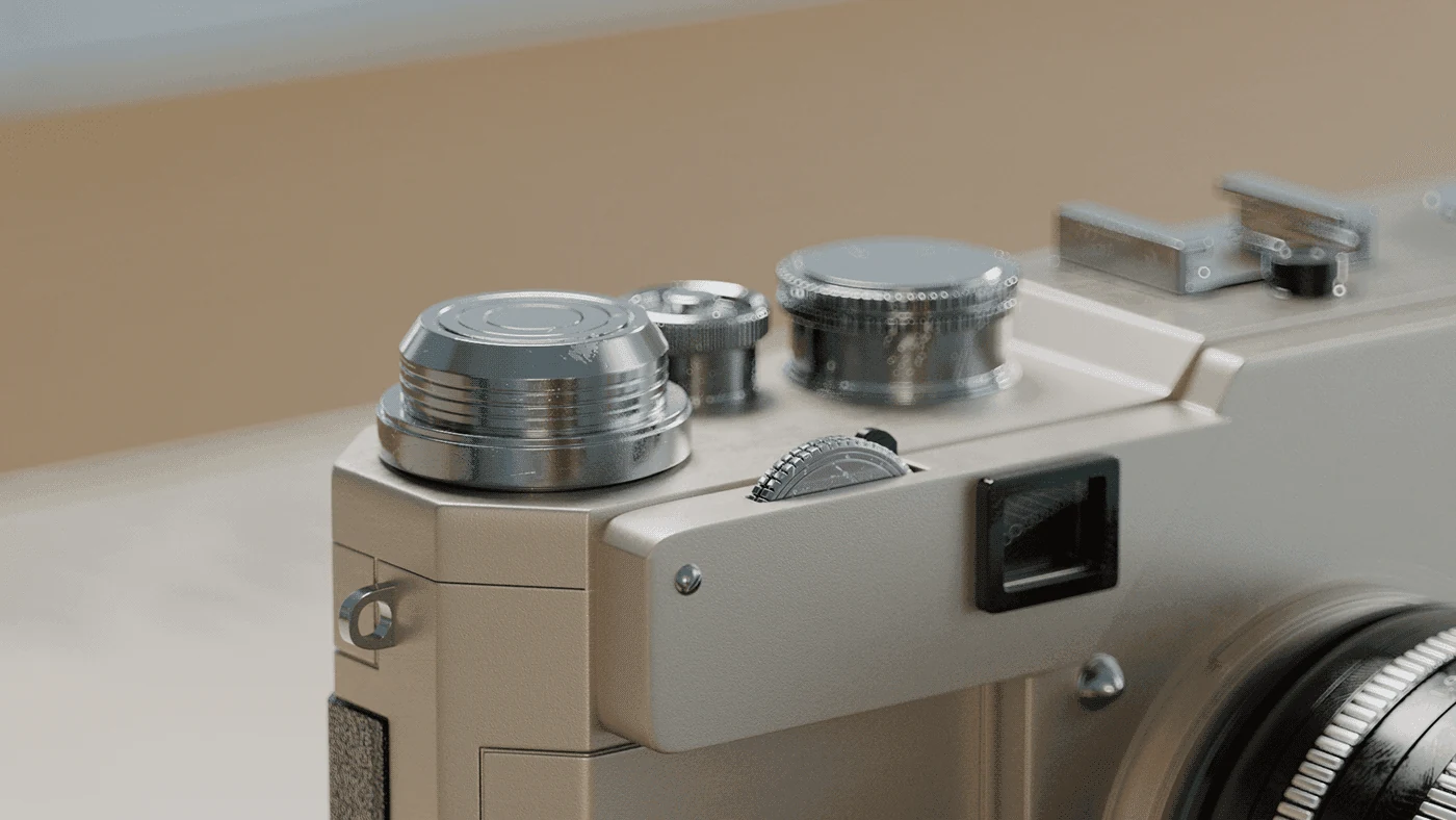 Macro CGI close-up of the metal controls on a silver analog camera