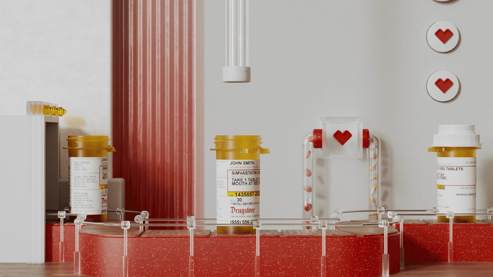 White and red product scene with medicine bottles, transparent structures and floating heart icons