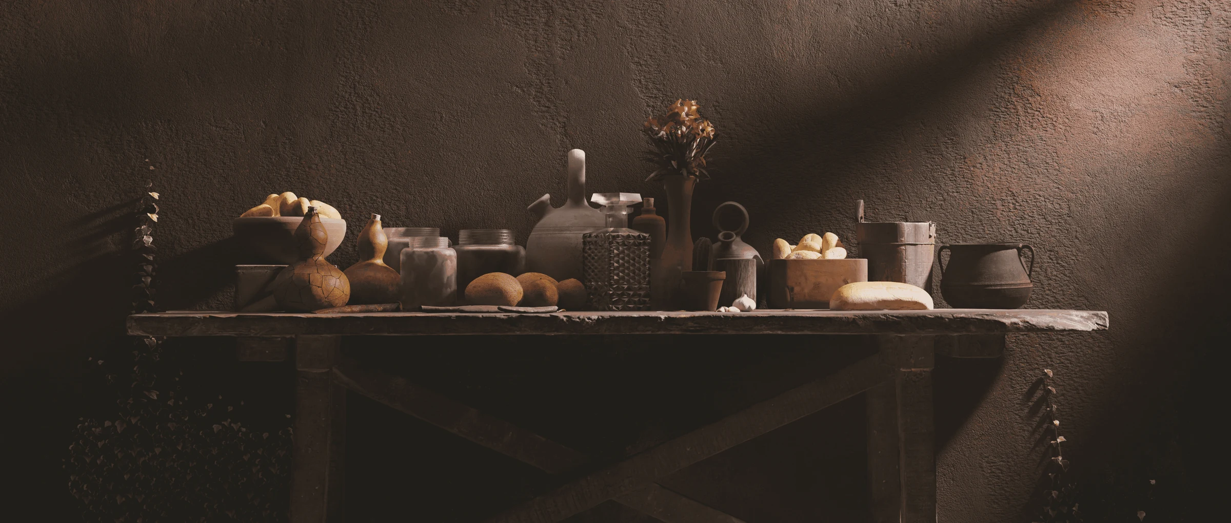 Warm cinematic still life of vessels, food and flowers arranged on a dark table