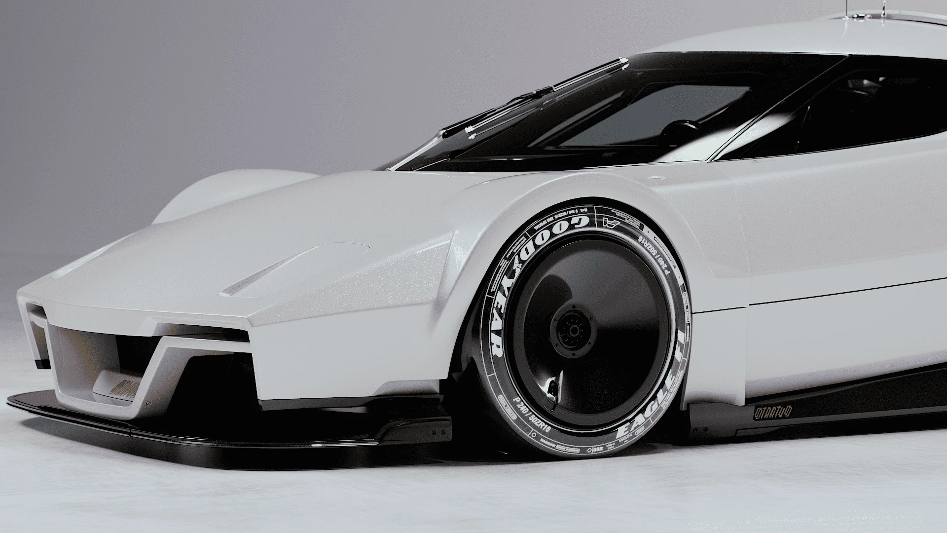 Close-up render of the front wheel and bodywork of a white concept sports car