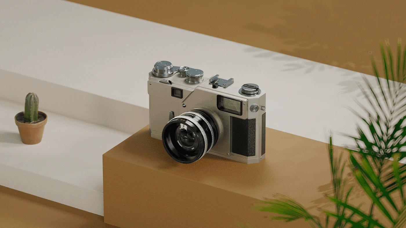 Silver analog camera displayed on geometric beige pedestals with small plants
