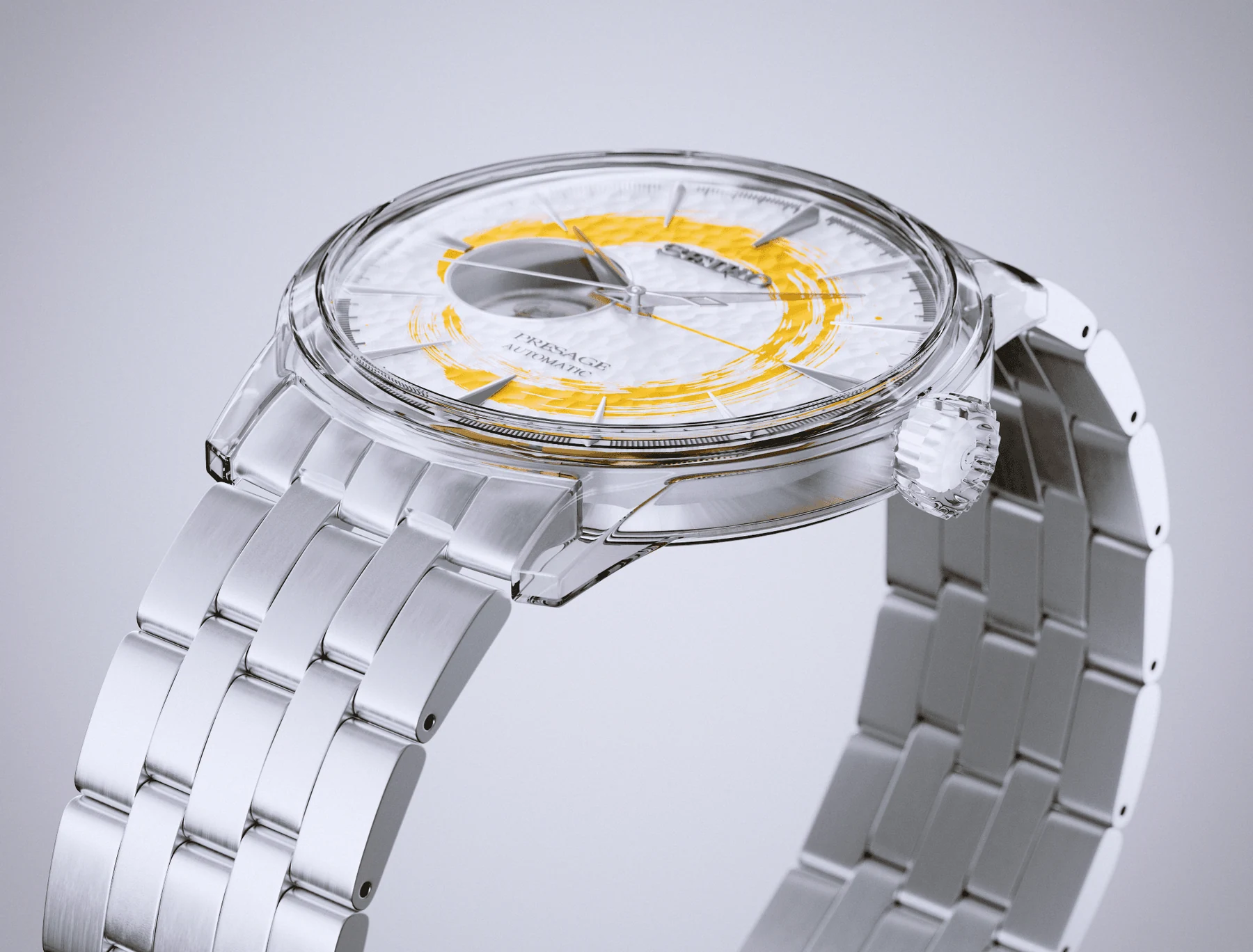 Silver wristwatch with a transparent case and yellow brushstroke details on the dial